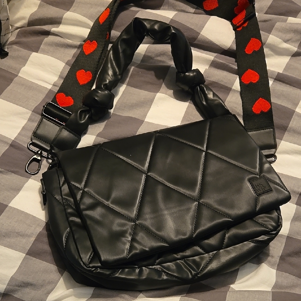 Black Quilted Crossbody Bag with Red and Black Chevron Strap